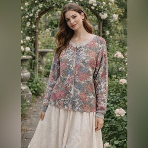 Grandmacore Floral Knit Button-Up Cardigan Fairy Cottagecore M/L Women Coquette